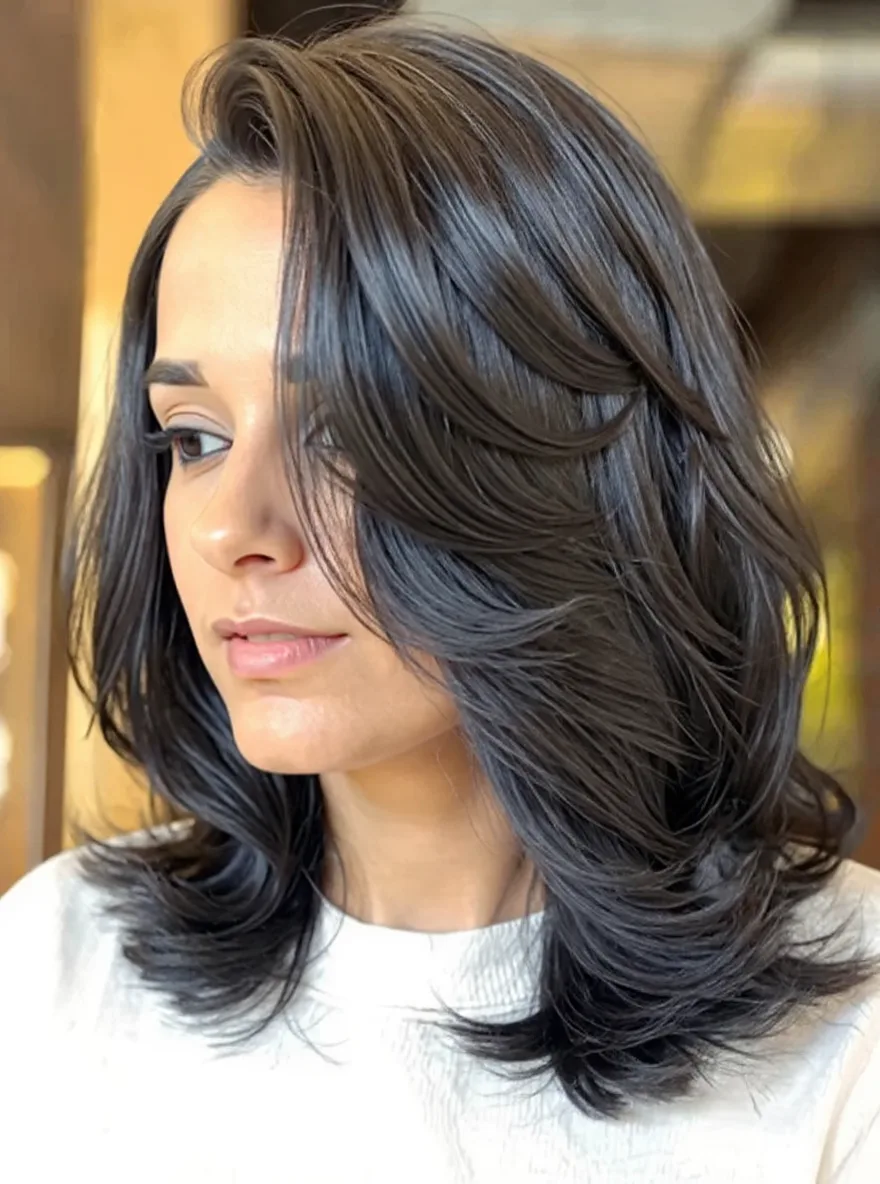 Layered Cut in Cool Ebony Black with Side-Swept Bangs